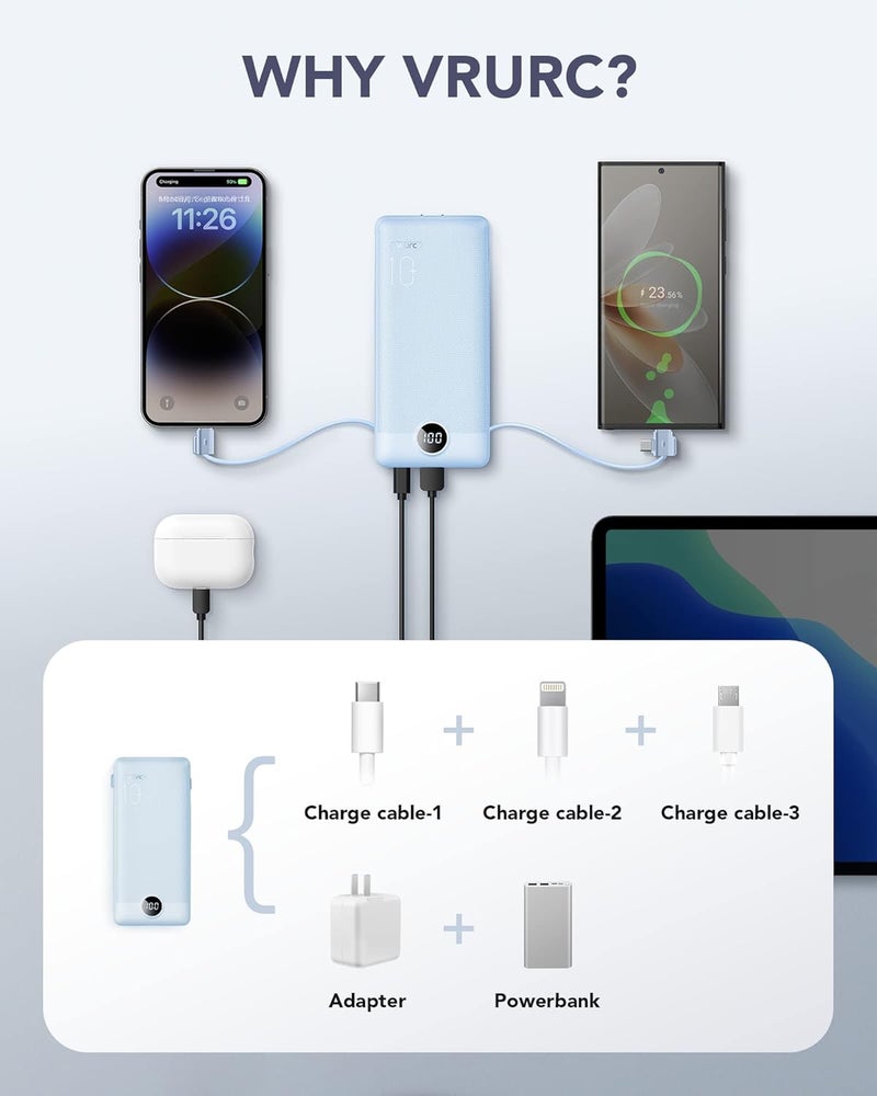 VRURC Portable Charger Built-in Cables and AC Wall Plug, USB C Power Bank 10000mAh, Travel Essentials Phone Charger Compact Lightweight External Battery Pack for Smart Phones, Tablets etc-Blue - Image 4